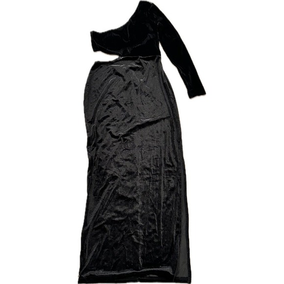 L'VOW Fitted One Shoulder Long Sleeve Cut Out Bodycon Maxi Slit Velvet Dress - Picture 6 of 6